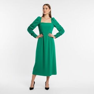 ANTONIO MELANI Emerald Green Square-Neck Midi Dress with Ruched Long Sleeves
